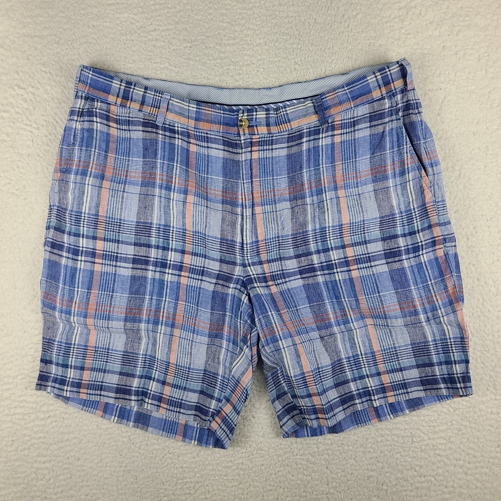 Peter Millar Shorts Mens 40 Blue Plaid 9" Inseam Casual Performance Linen Chino